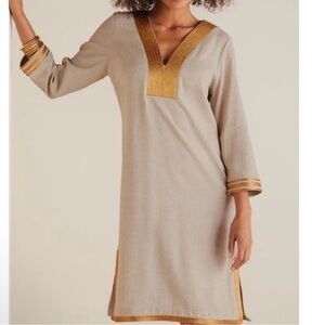 Soft Surroundings Myla Caftan Linen Blend Gold Trim Dress Size Small